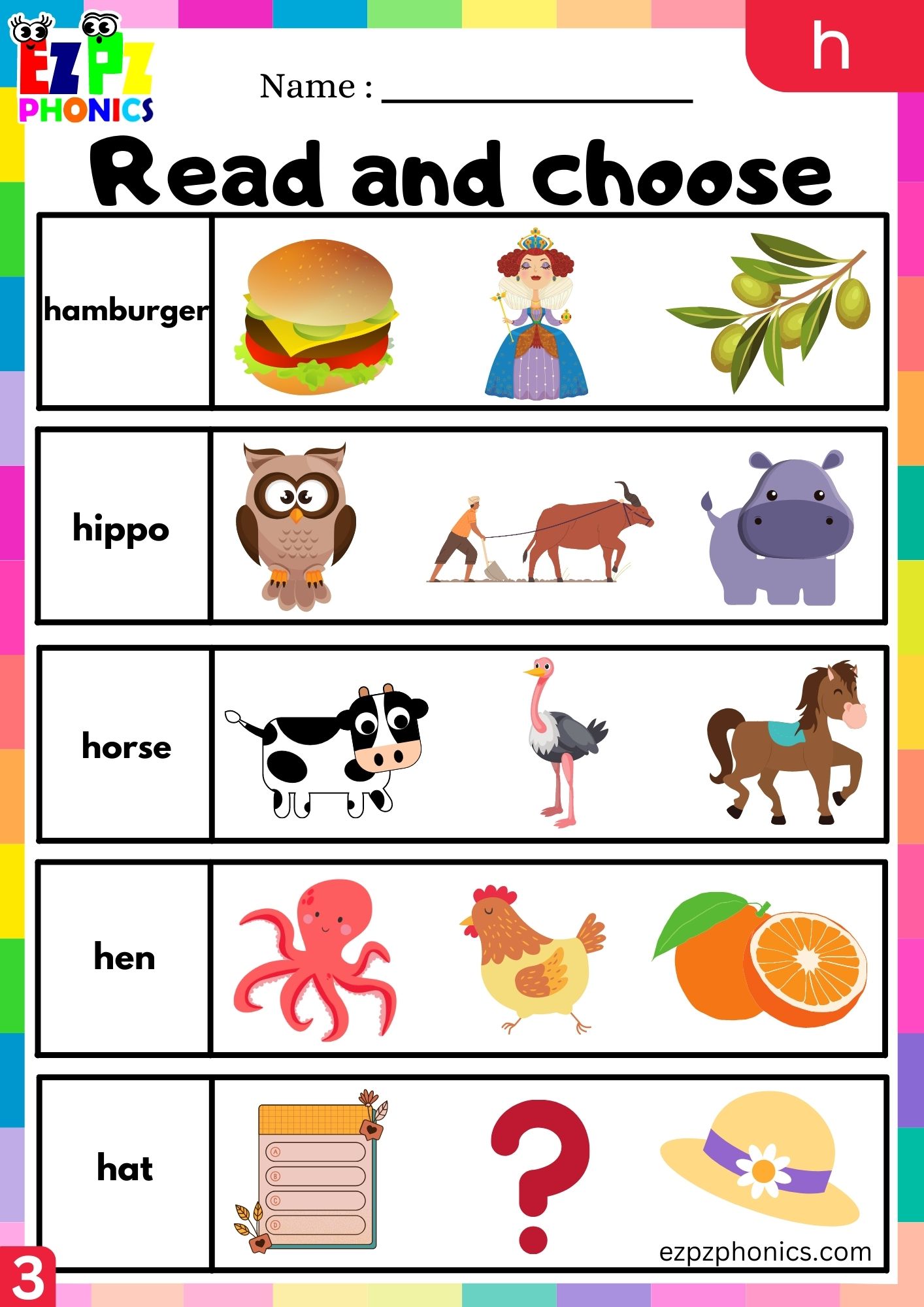Letter h Read and Choose the Images Phonics Activity Group 3h